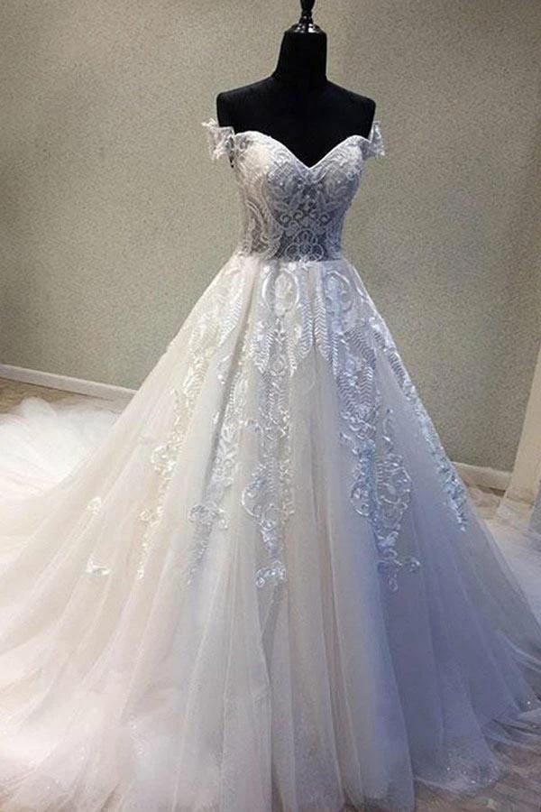A-Line Off-the-Shoulder Short Sleeves Wedding Dress with Appliques (ZD16187)
