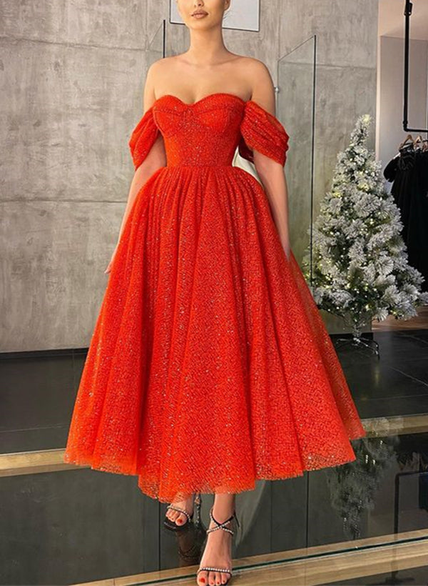 A-Line Off-The-Shoulder Sleeveless Tea-Length Homecoming Dresses
