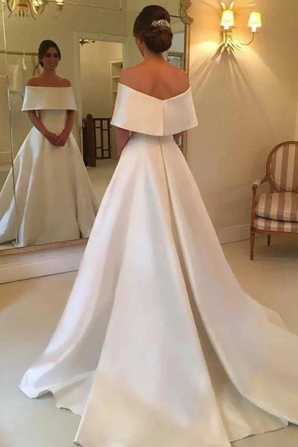 A-Line Off-the-Shoulder Sweep Train Satin Prom Dress with Ruffle (ZD16066)