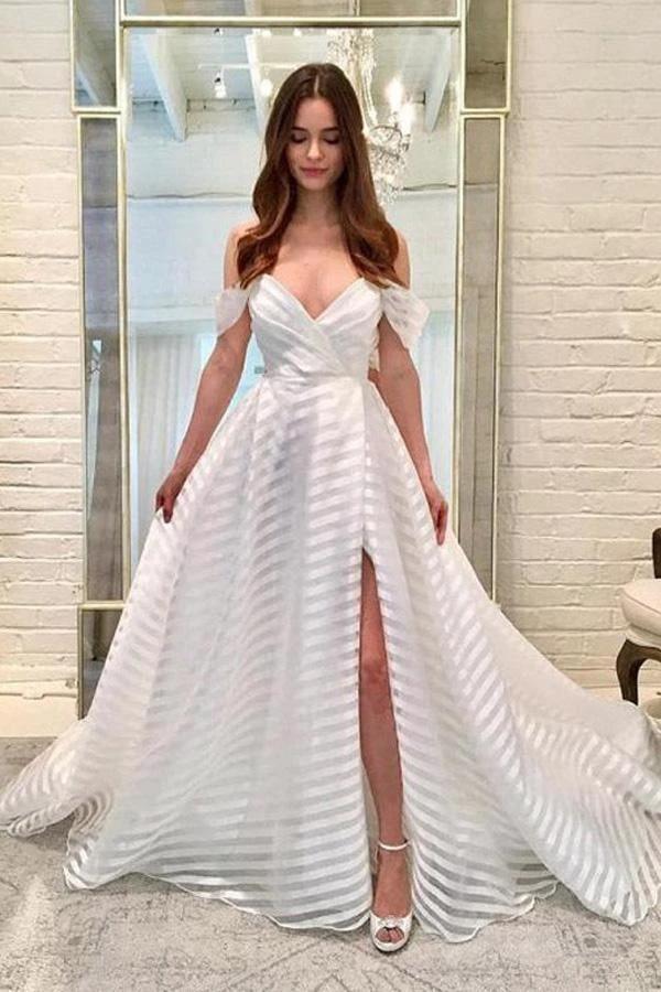 A-Line Off-the-Shoulder Sweep Train White Wedding Dress with Tiered Split (ZD16005)