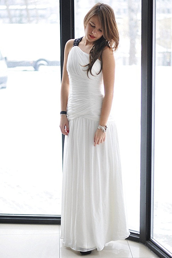 A-Line One-Shoulder Floor-Length Chiffon Backless Wedding Dress