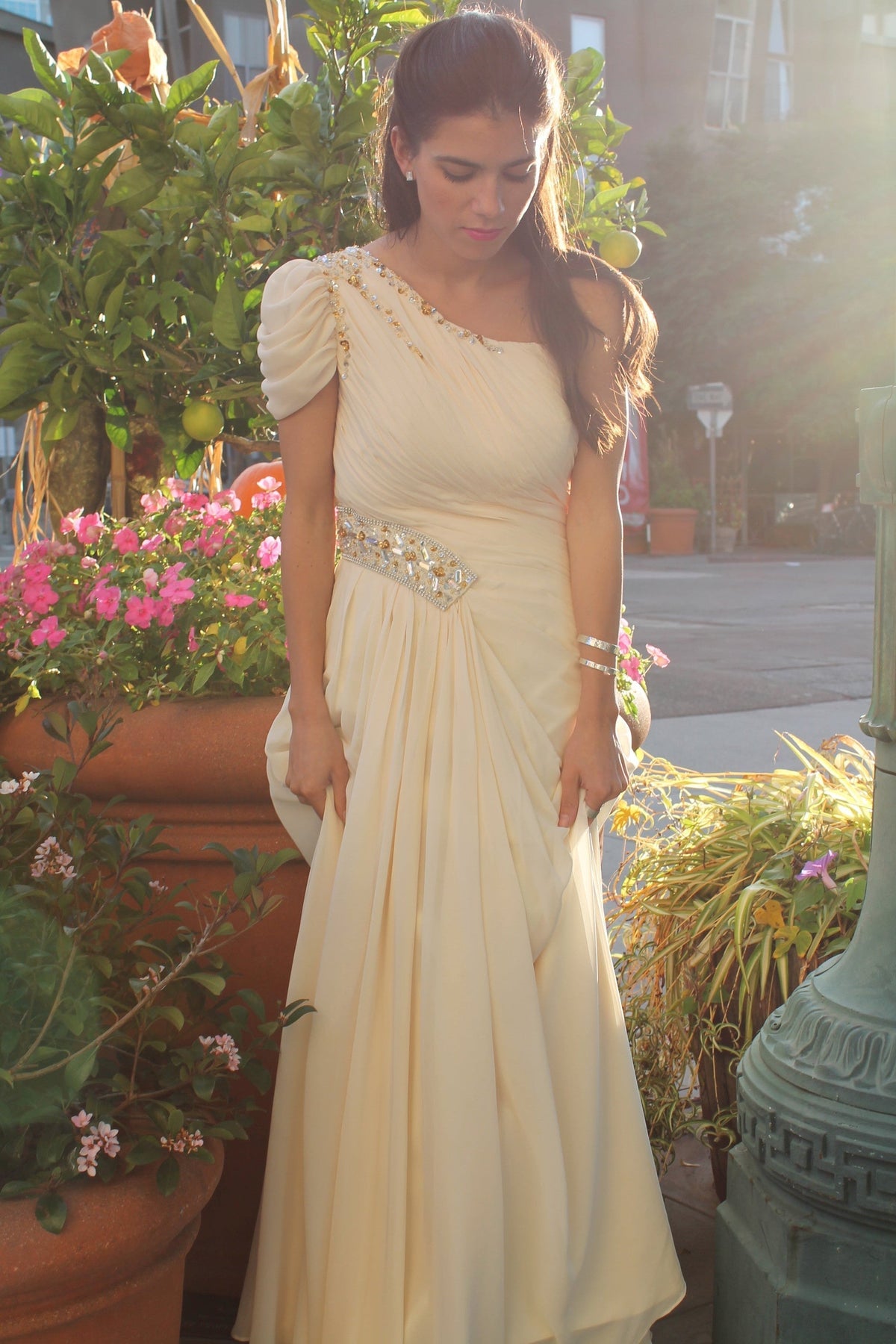 A-Line One-Shoulder Floor-Length Chiffon Beaded Short Sleeve Prom Dress