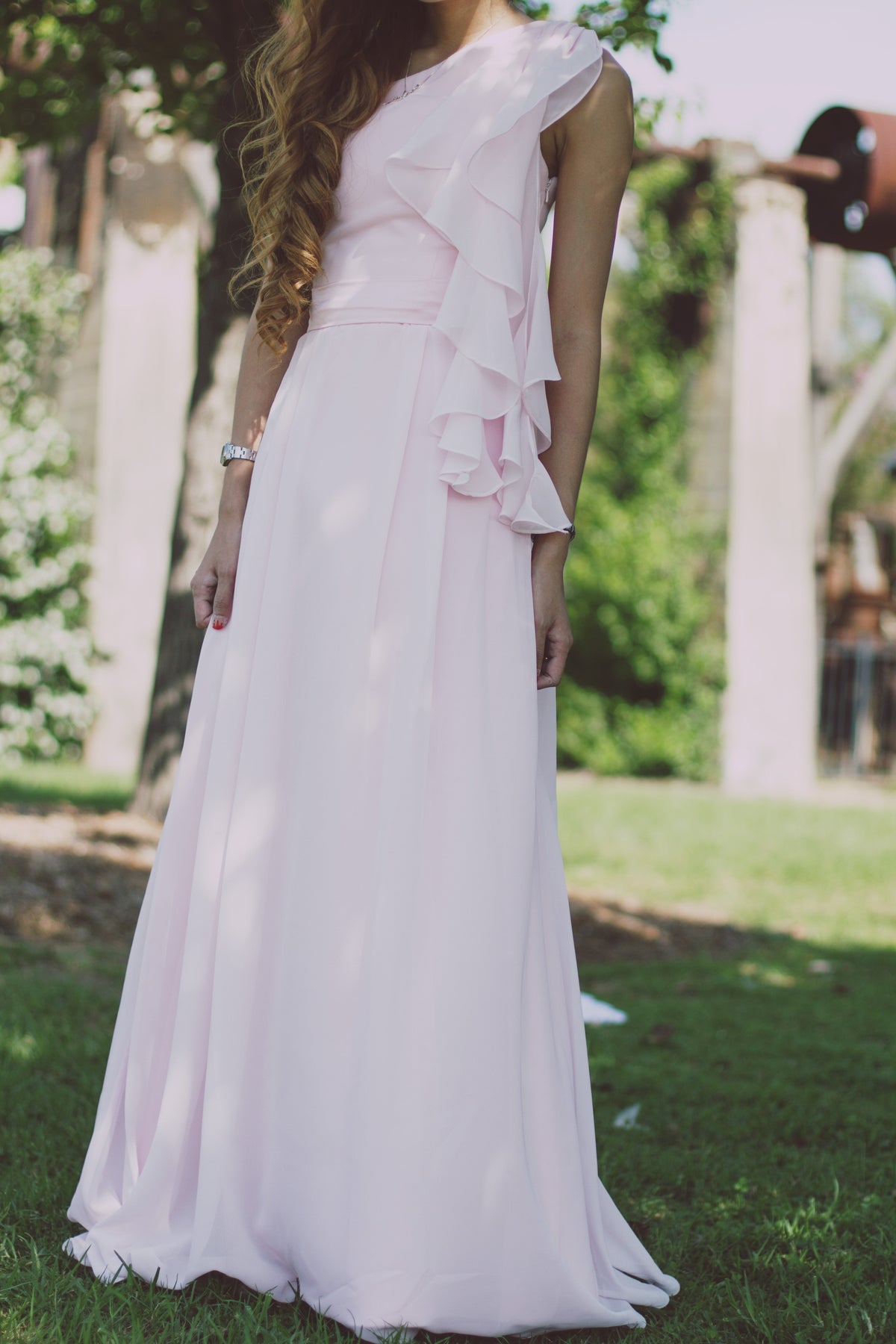 A-Line One-Shoulder Floor-Length Chiffon Hanging Ribbon Prom Dress