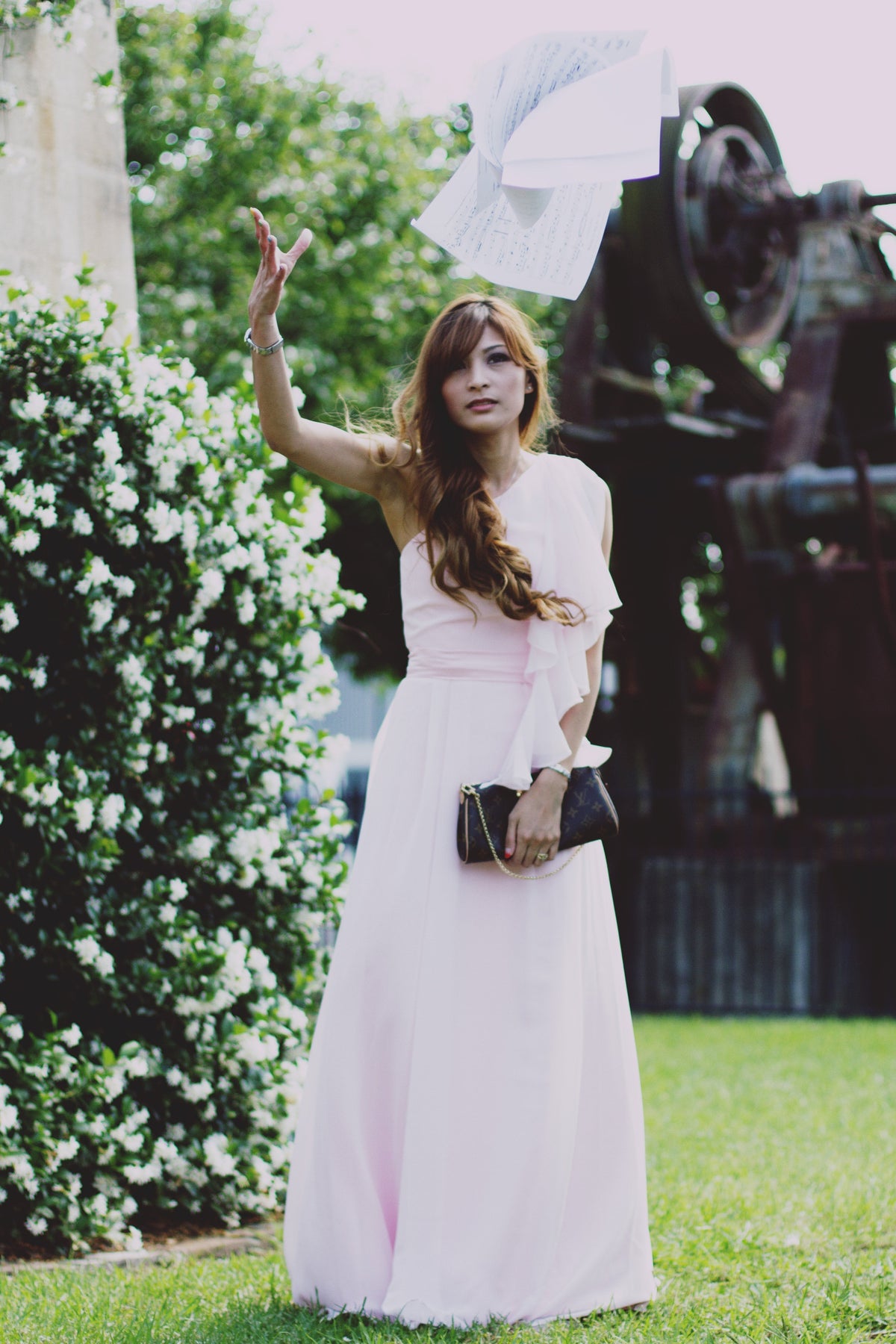 A-Line One-Shoulder Floor-Length Chiffon Hanging Ribbon Prom Dress