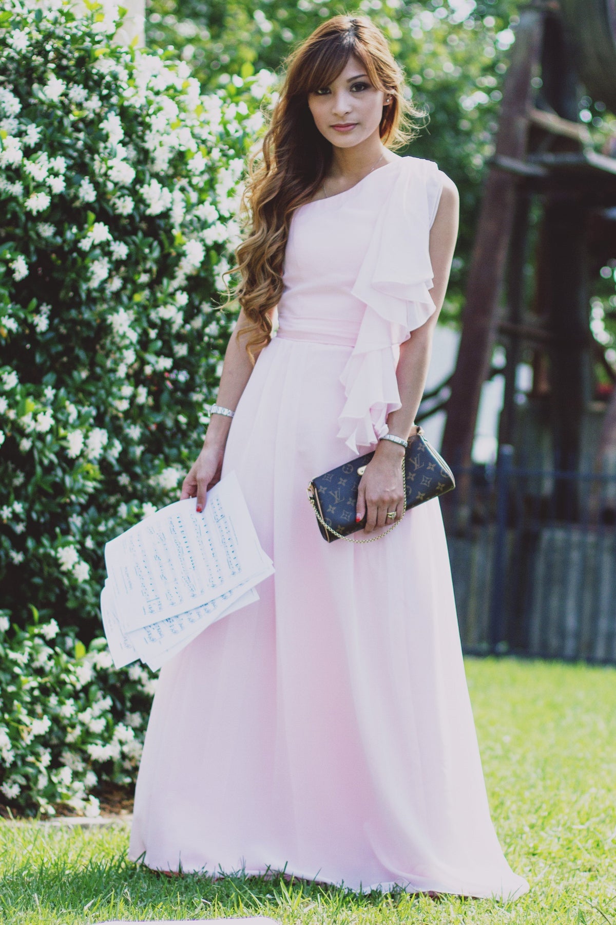 A-Line One-Shoulder Floor-Length Chiffon Hanging Ribbon Prom Dress