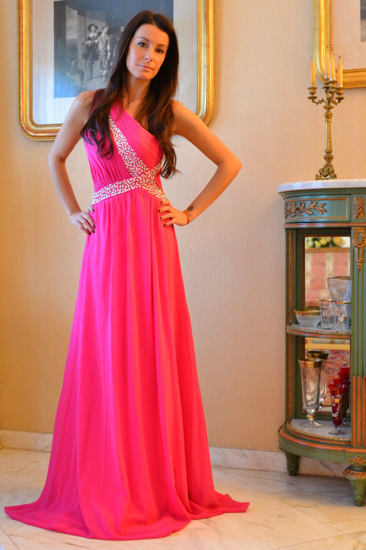 A-Line One-Shoulder Floor-Length Chiffon Rhinestone Prom Dress