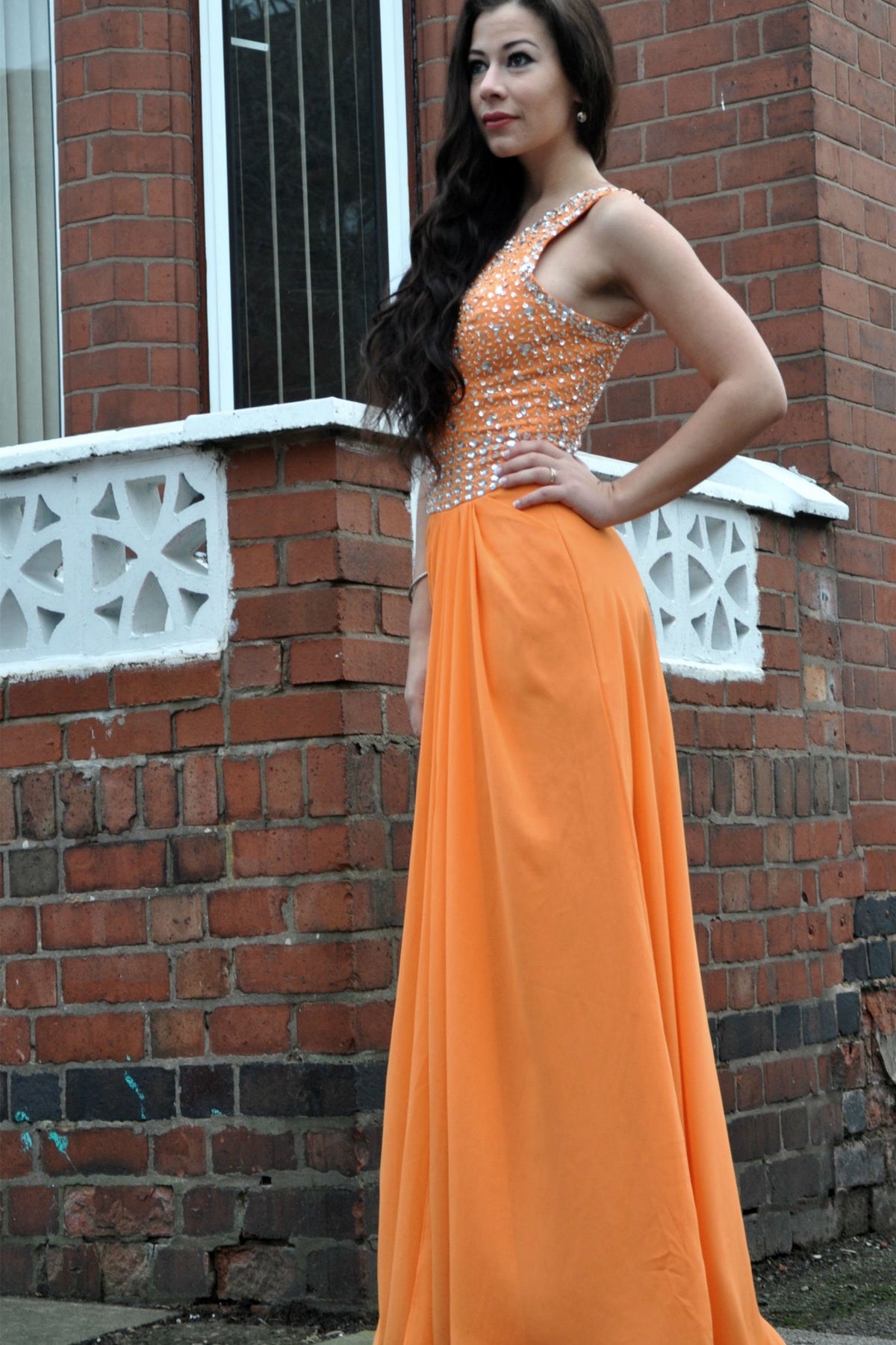 A-Line One-Shoulder Floor-Length Chiffon Rhinestone Prom Dress