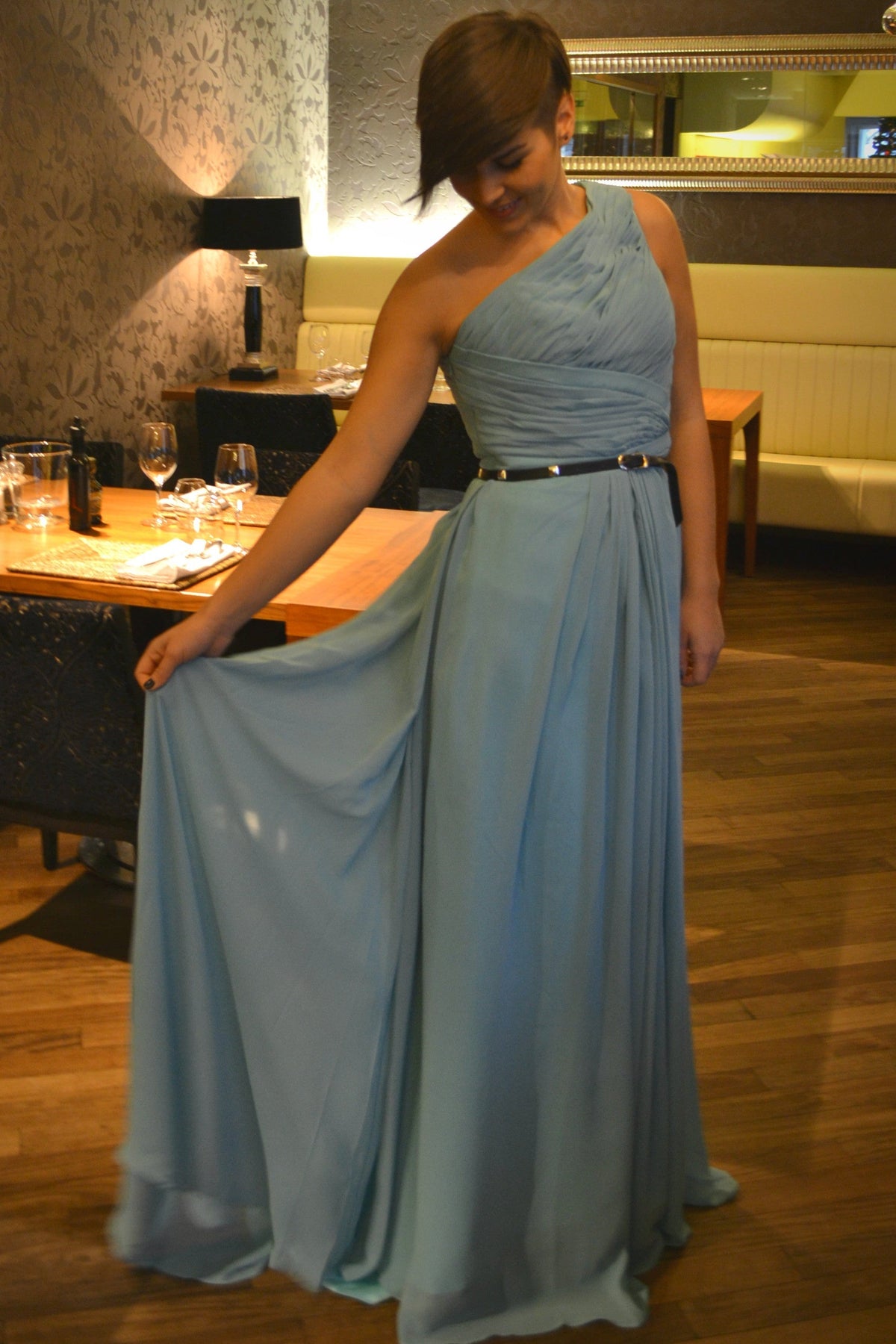 A-Line One-Shoulder Floor-Length Sleeveless Chiffon Evening Dress