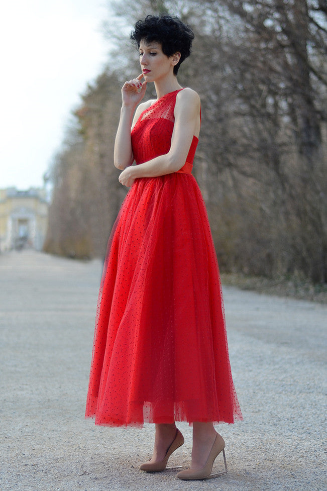 A-Line One-Shoulder Floor-Length Sleeveless Tulle Evening Dress