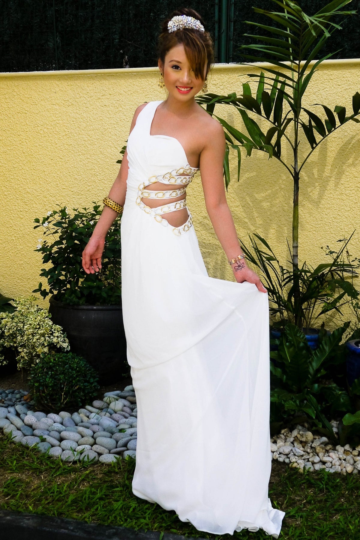 A-Line One-Shoulder Irregular Waist Floor-Length Chiffon Metal Ring Evening Dress