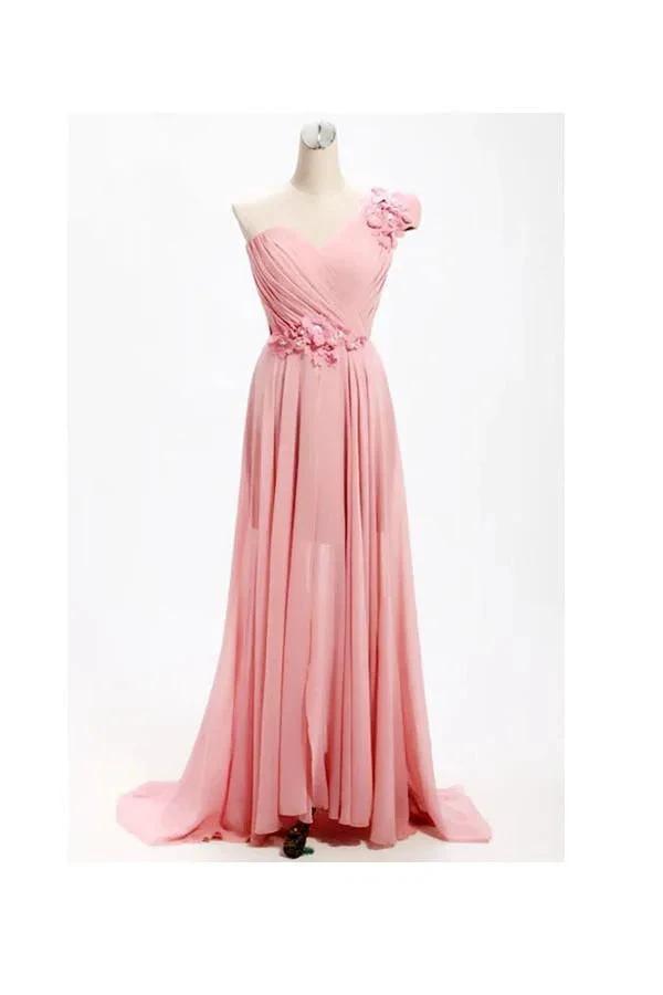 A-line One Shoulder Long Chiffon Bridesmaid Dress with Flowers (ZD13196)