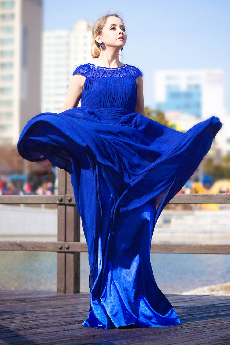A-Line Round Collar Floor-Length Chiffon Rhinestone Evening Dress