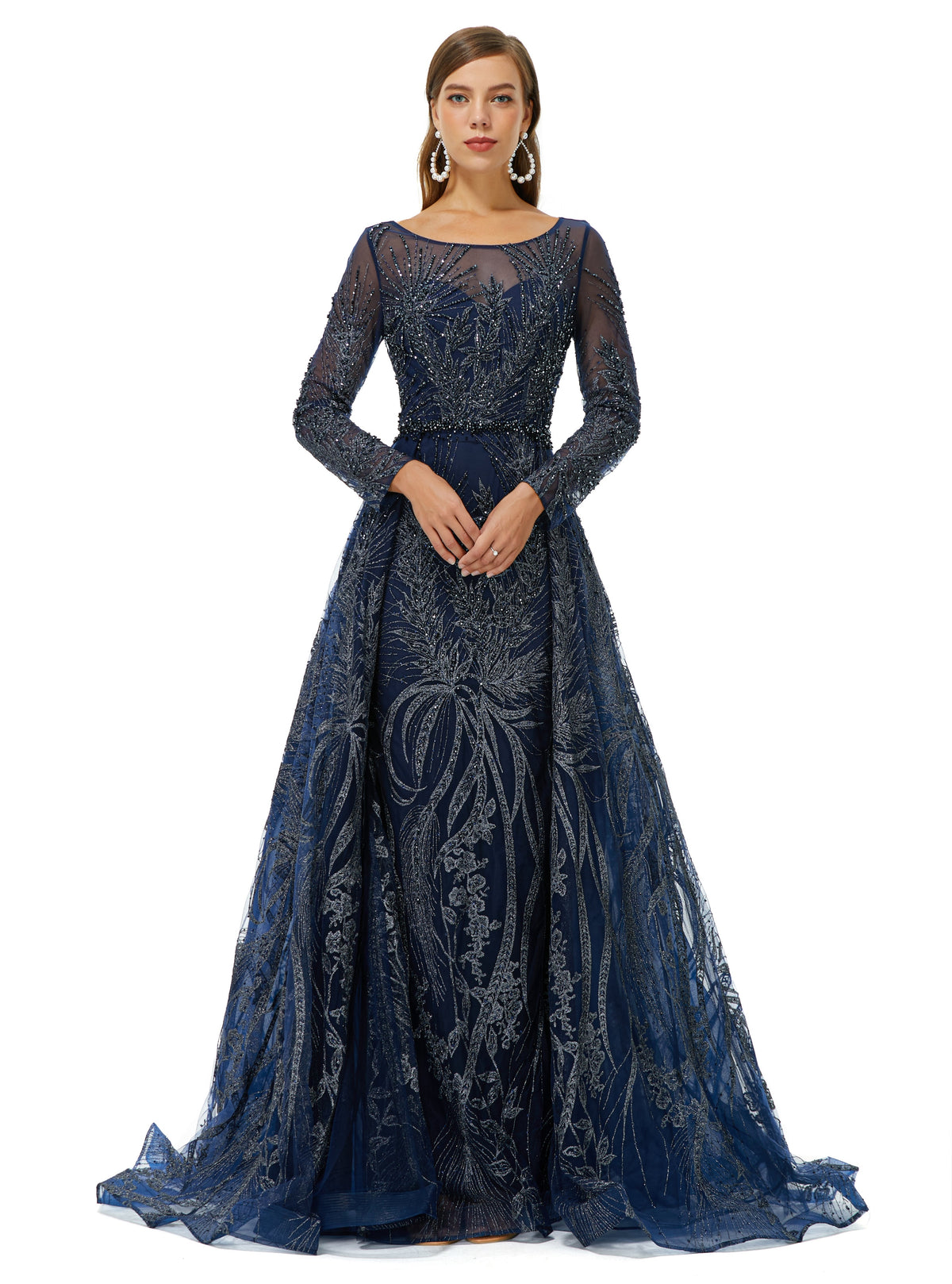 A-Line Round Floor-Length Long Sleeve Appliques Lace Beaded Prom Dress