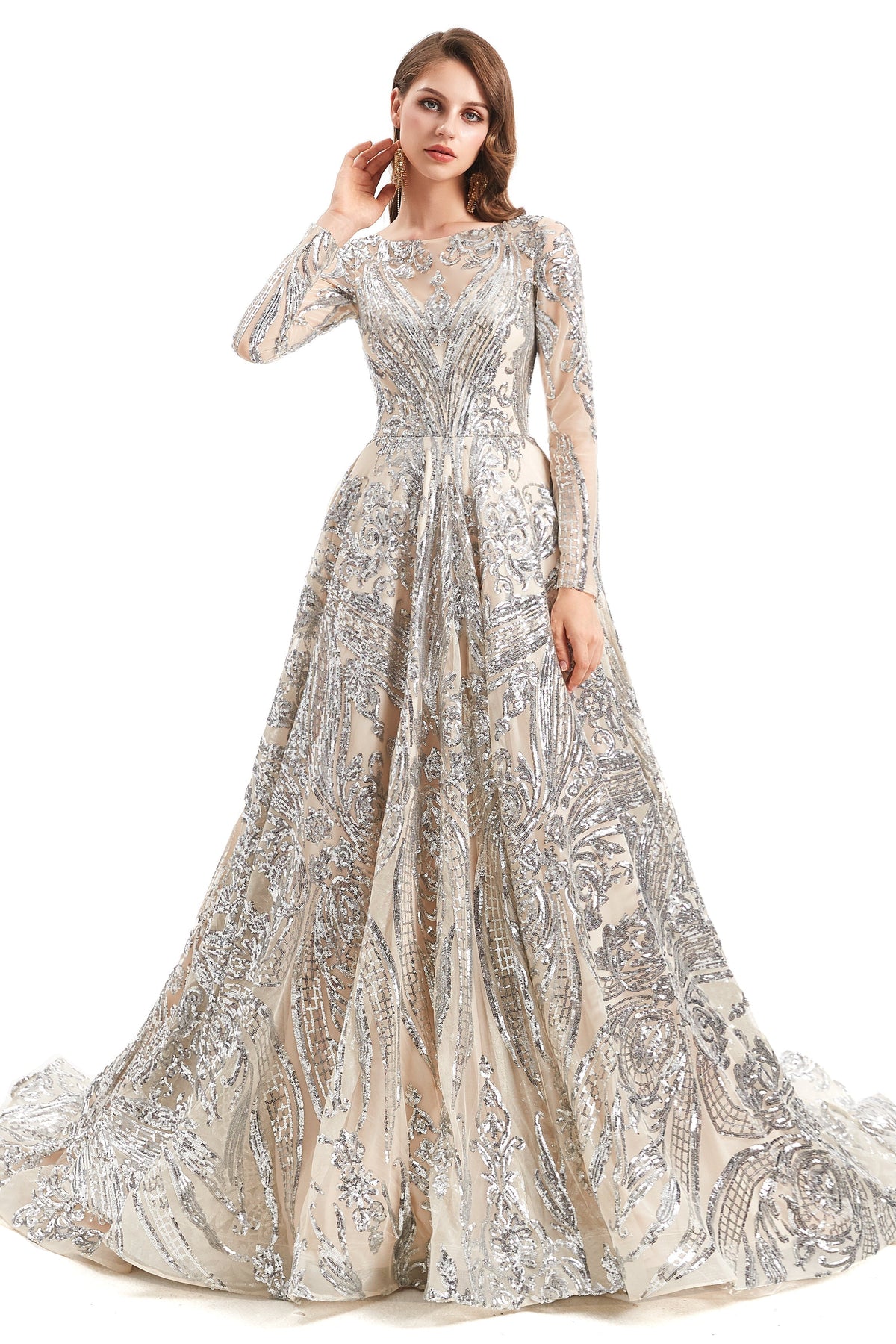 A-Line Round Lace Sequined Floor-Length Long Sleeve Open Back Prom Dress