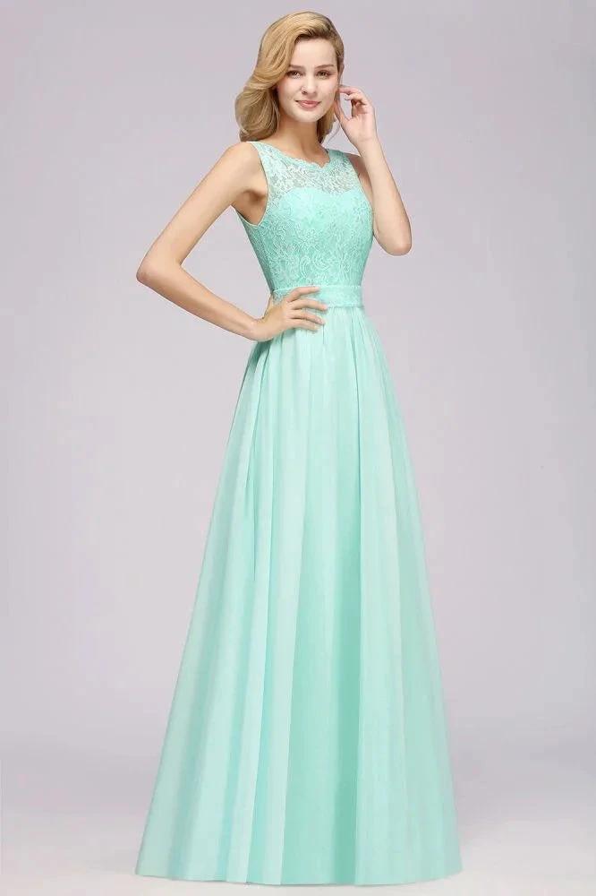 A-Line Ruffles Bridesmaid Dress Lace Scalloped Sleeveless Floor-Length Wedding Party Dress by misshow.com