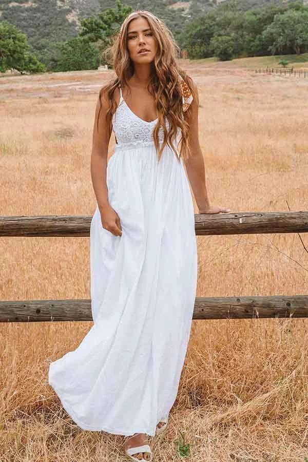A-Line Scoop Backless Floor Length Beach Wedding Dress with Lace (ZD16065)