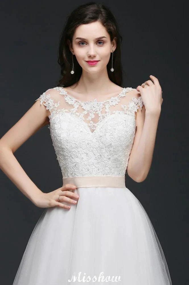 A-line Scoop Court Train Tulle Glamorous Wedding Dresses with Sash (ZD13935)