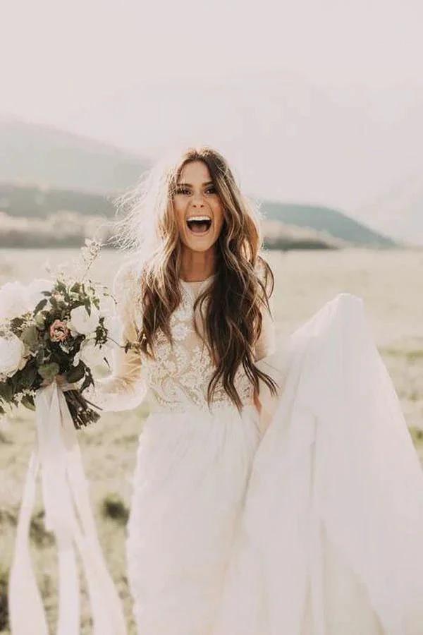A-line Scoop Lace Wedding Dress Long Sleeve Rustic Wedding Dresses (ZD16359)