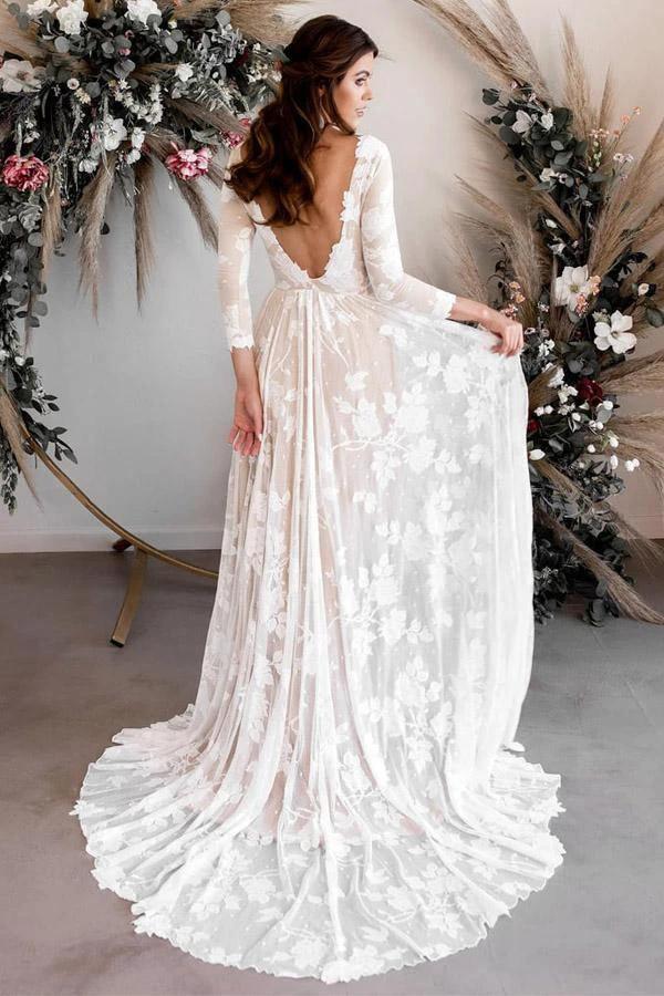 A-line Scoop Neck Long Sleeves Lace Weddding Dress Bridal Gown (ZD16337)