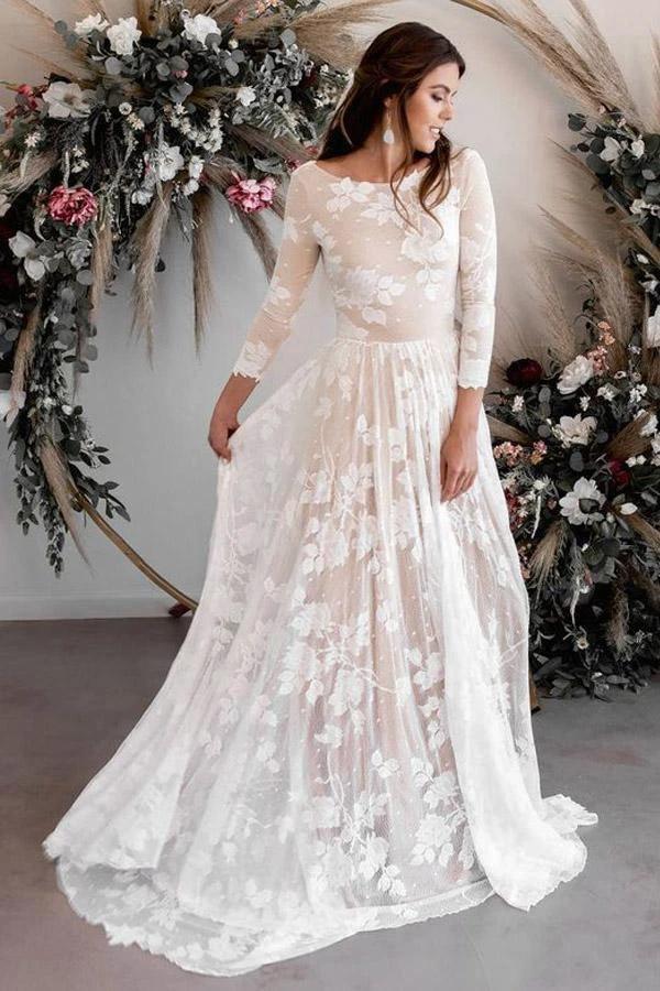 A-line Scoop Neck Long Sleeves Lace Weddding Dress Bridal Gown (ZD16337)