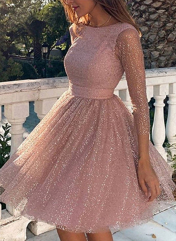 A-Line Scoop Neck Long Sleeves Short/Mini Tulle Homecoming Dress With Pleated