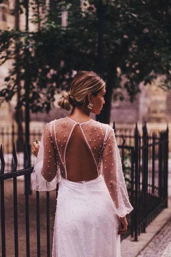 A-line See Through Tulle Long Sleeve Wedding Dresses Pearl (ZD16025)