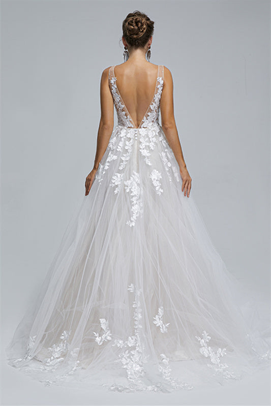 A-Line Sheer Straps V-Neck Tulle Applique Floor-Length Sleeveless Wedding Dress Cover