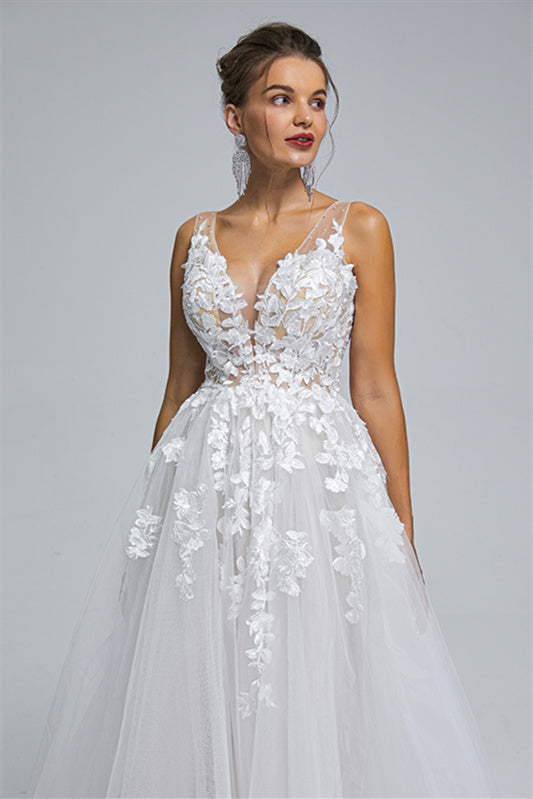 A-Line Sheer Straps V-Neck Tulle Applique Floor-Length Sleeveless Wedding Dress Cover