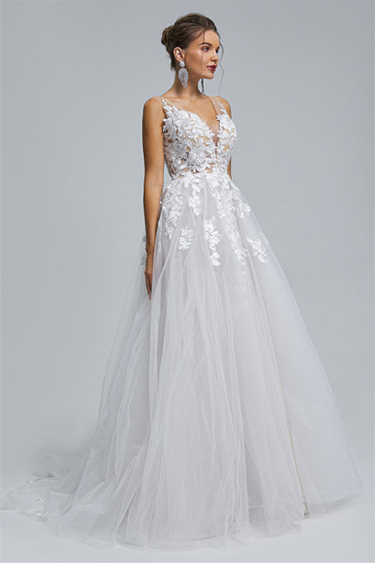 A-Line Sheer Straps V-Neck Tulle Applique Floor-Length Sleeveless Wedding Dress Cover