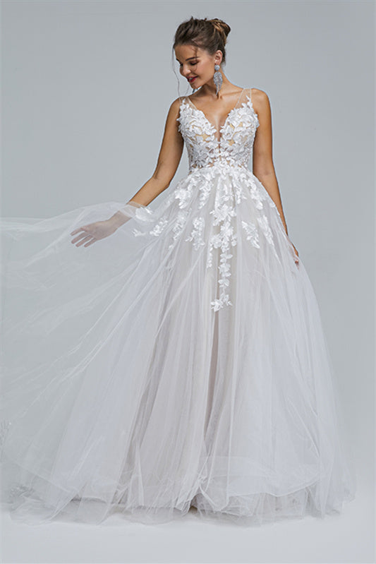 A-Line Sheer Straps V-Neck Tulle Applique Floor-Length Sleeveless Wedding Dress Cover