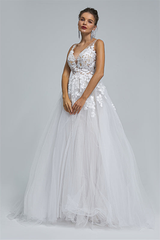 A-Line Sheer Straps V-Neck Tulle Applique Floor-Length Sleeveless Wedding Dress Cover