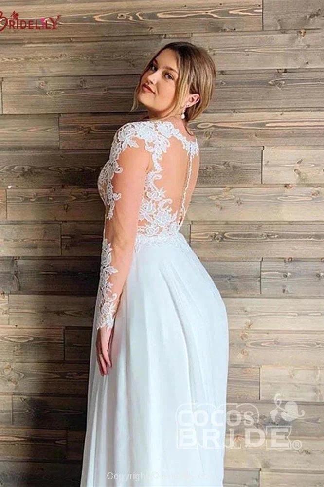 A-line Sheer Tulle Lace Wedding Gowns Long Sleeve Floor Length Beach Bridal Gowns (ZD16568) - View 2 | VelvetHem