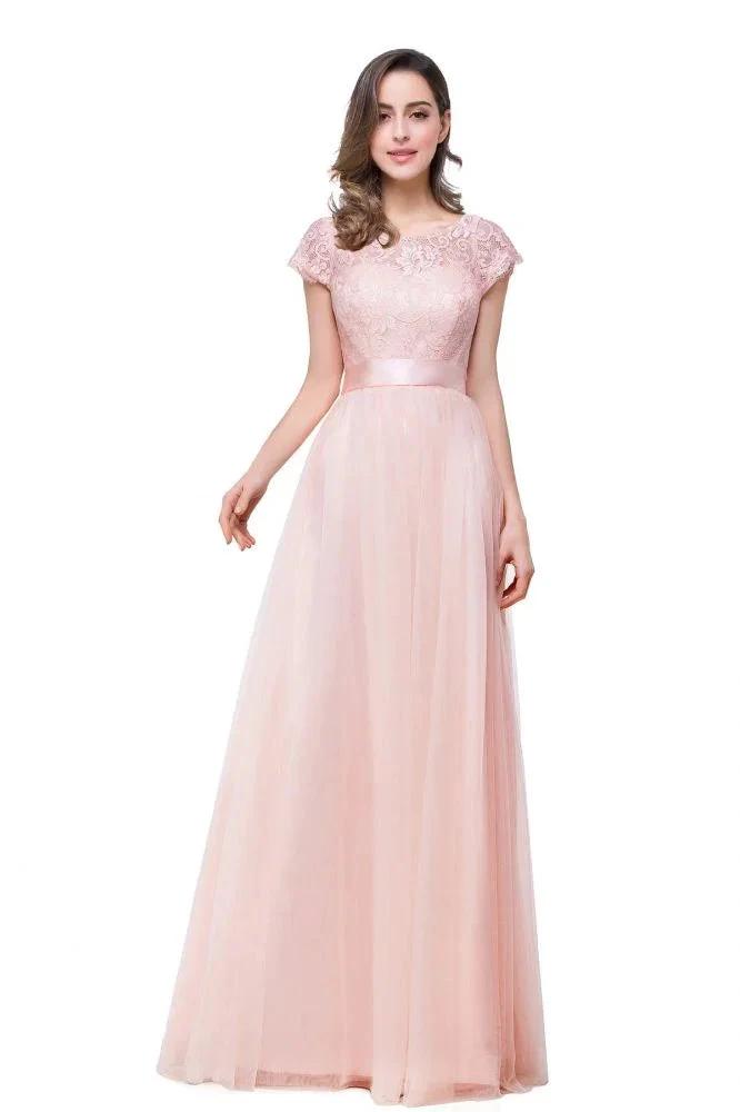 A-line Short Sleeve Chiffon Bridesmaid Dresses with Ribbon Bow Sash (ZD13069)
