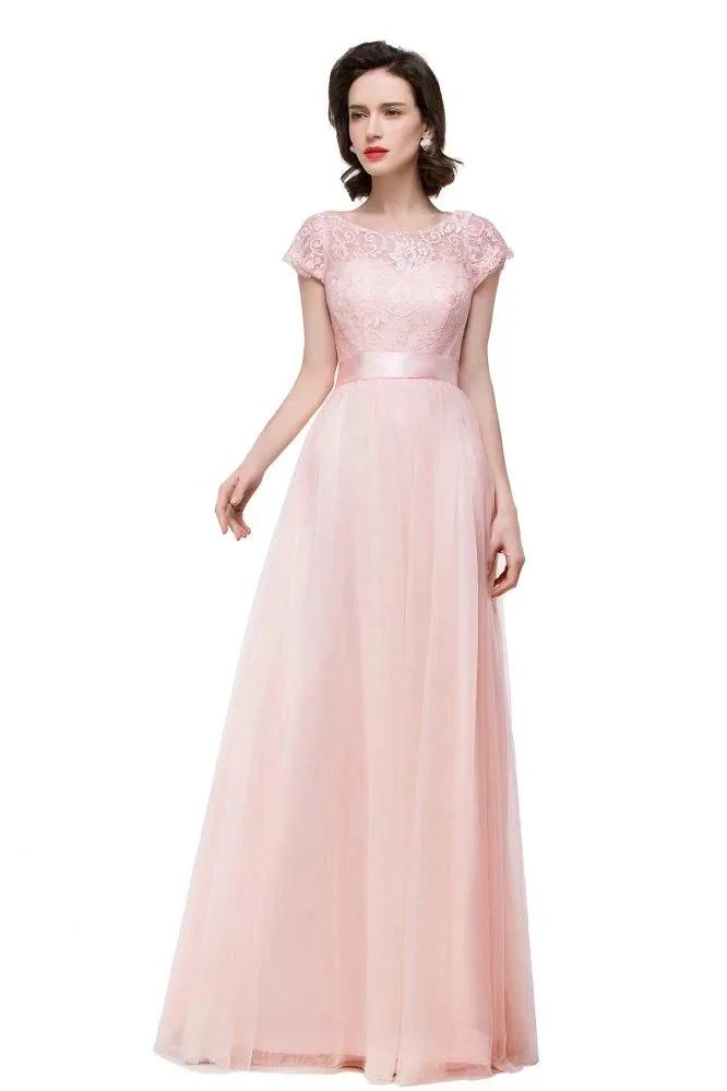 A-line Short Sleeve Chiffon Bridesmaid Dresses with Ribbon Bow Sash (ZD13069)