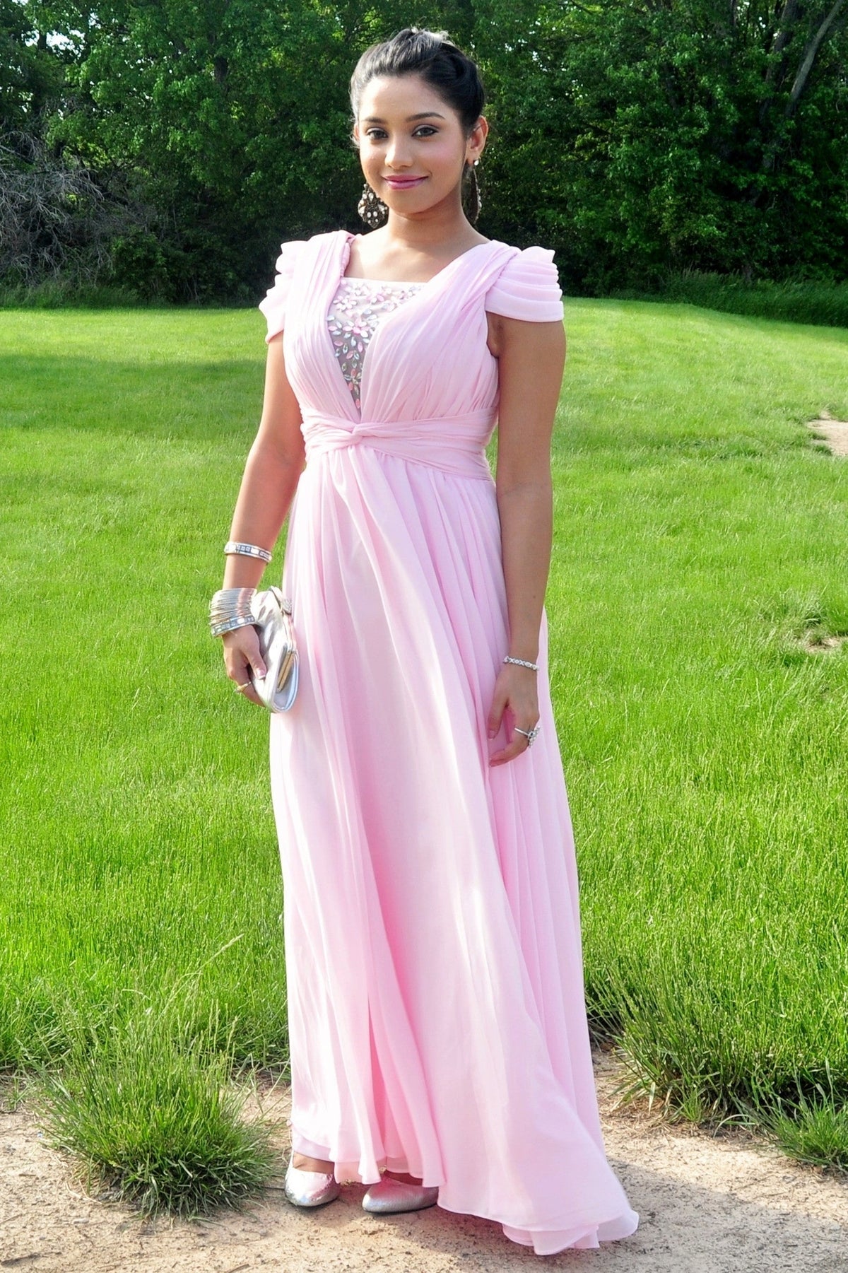 A-Line Short sleeve Floor-Length Chiffon Lace Evening Dress
