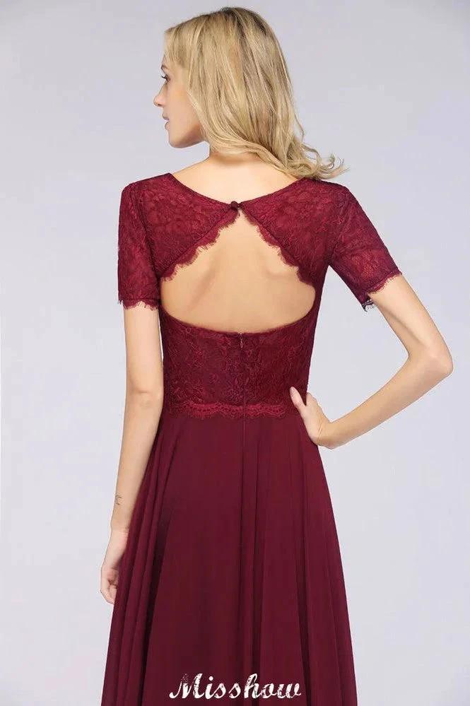 A-Line Short-Sleeves Floor-Length Bridesmaid Dress Chiffon Lace Round-Neck Evening Dress (ZD12909)