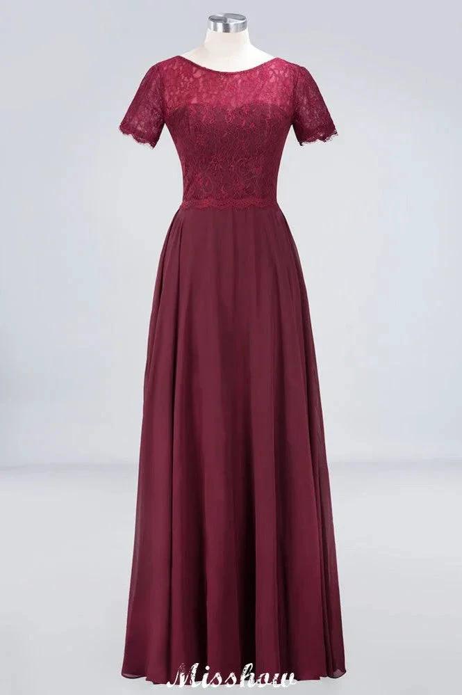 A-Line Short-Sleeves Floor-Length Bridesmaid Dress Chiffon Lace Round-Neck Evening Dress (ZD12909)