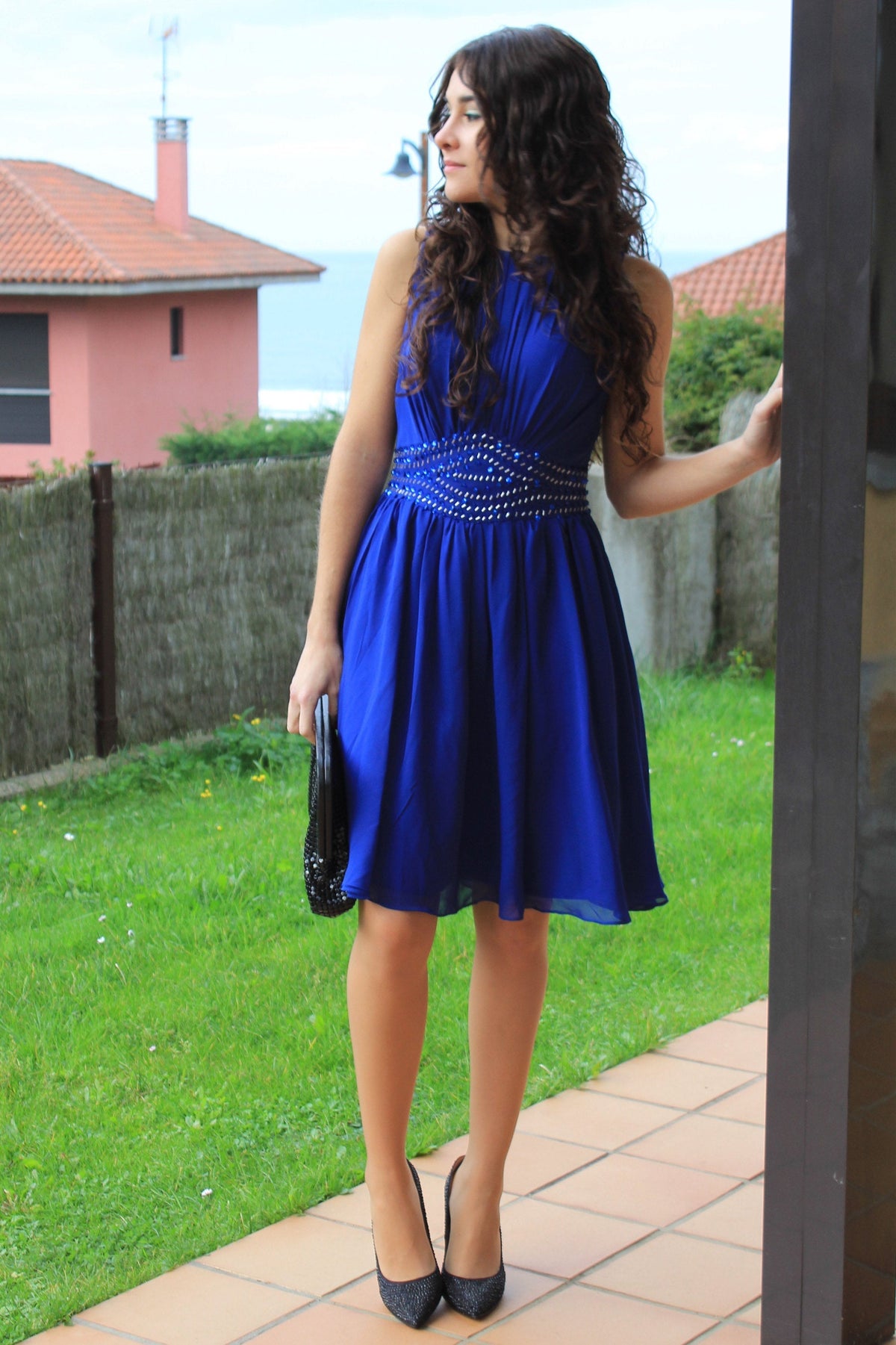 A-Line Small Round Collar Knee Length Chiffon Beaded Prom Dress
