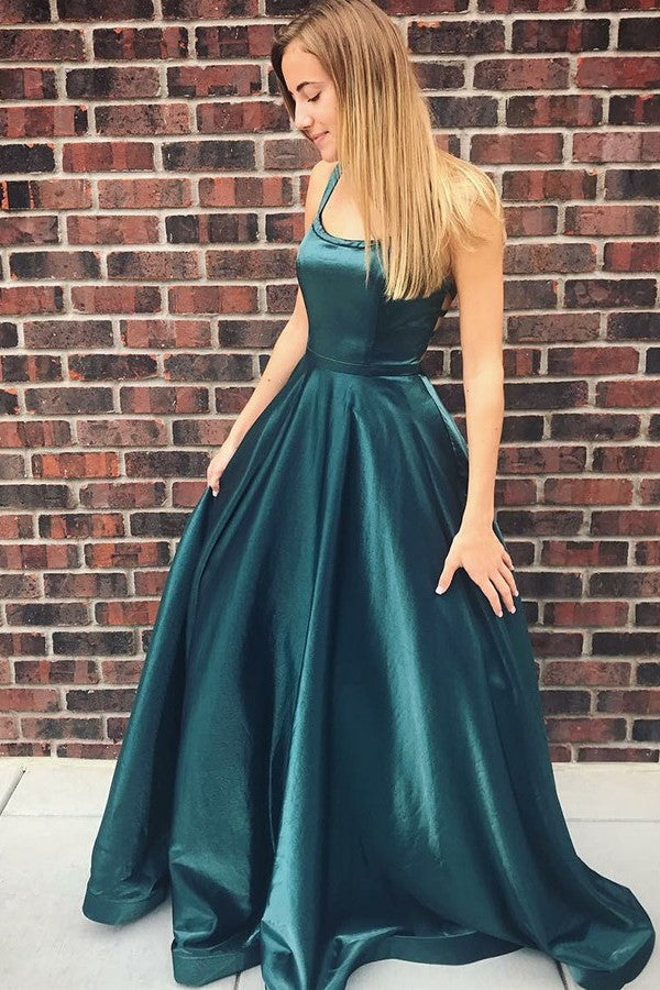 A-Line Spaghetti Strap Floor-Length Backless Charmeuse Evening Dress