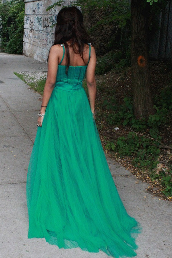 A-Line Spaghetti Strap Floor-Length Chapel Tulle Rhinestone Prom Dress