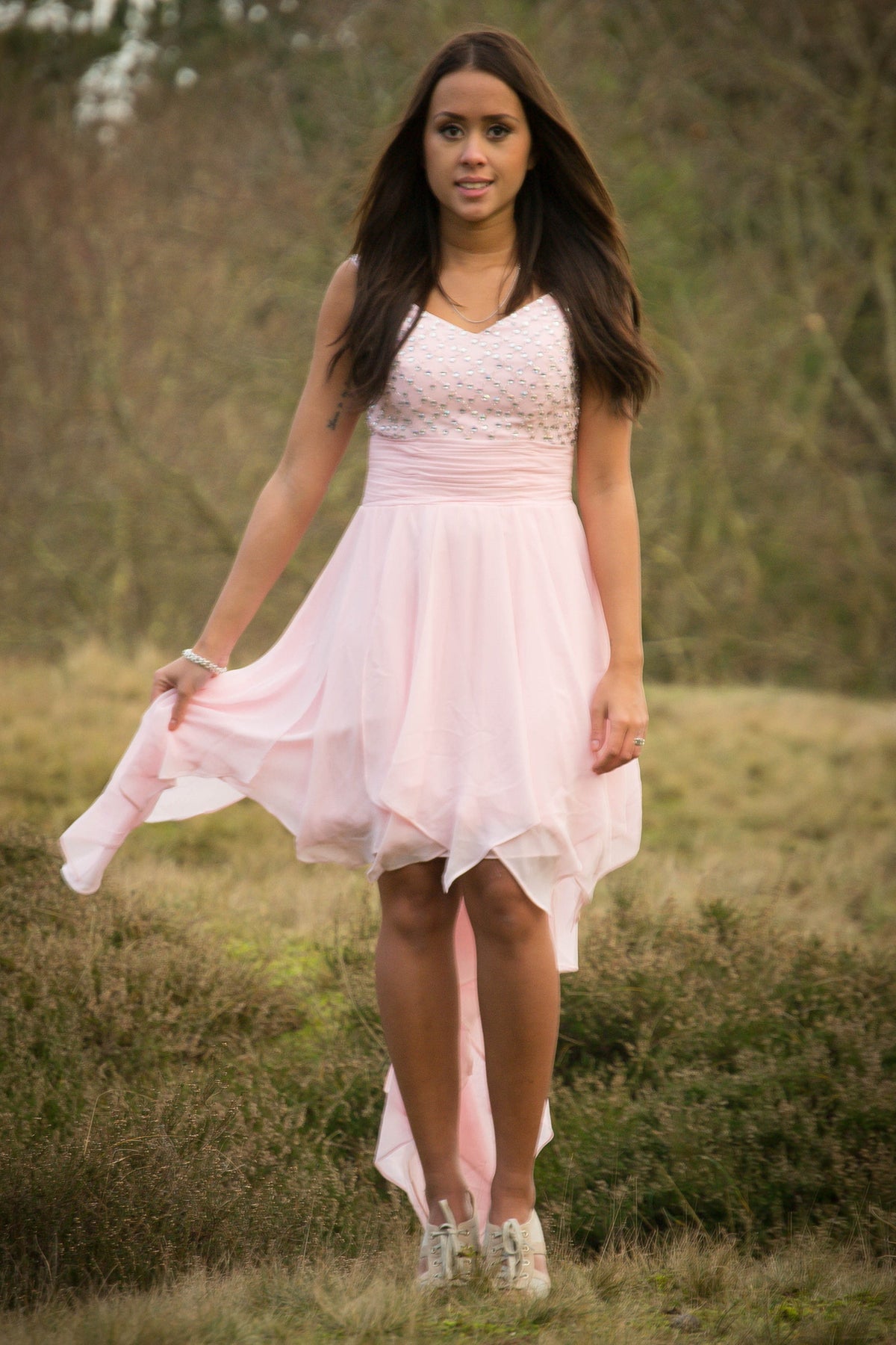 A-Line Spaghetti Strap Hi-low Length Chapel Tulle Rhinestone Prom Dress