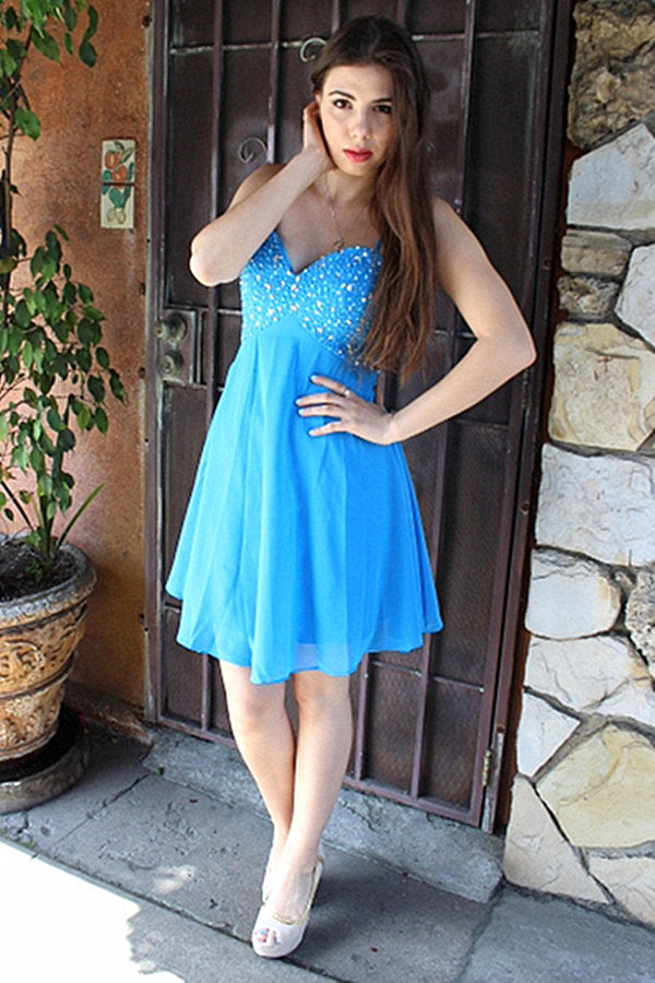 A-Line Spaghetti Strap Knee Length Chiffon Rhinestone Prom Dress