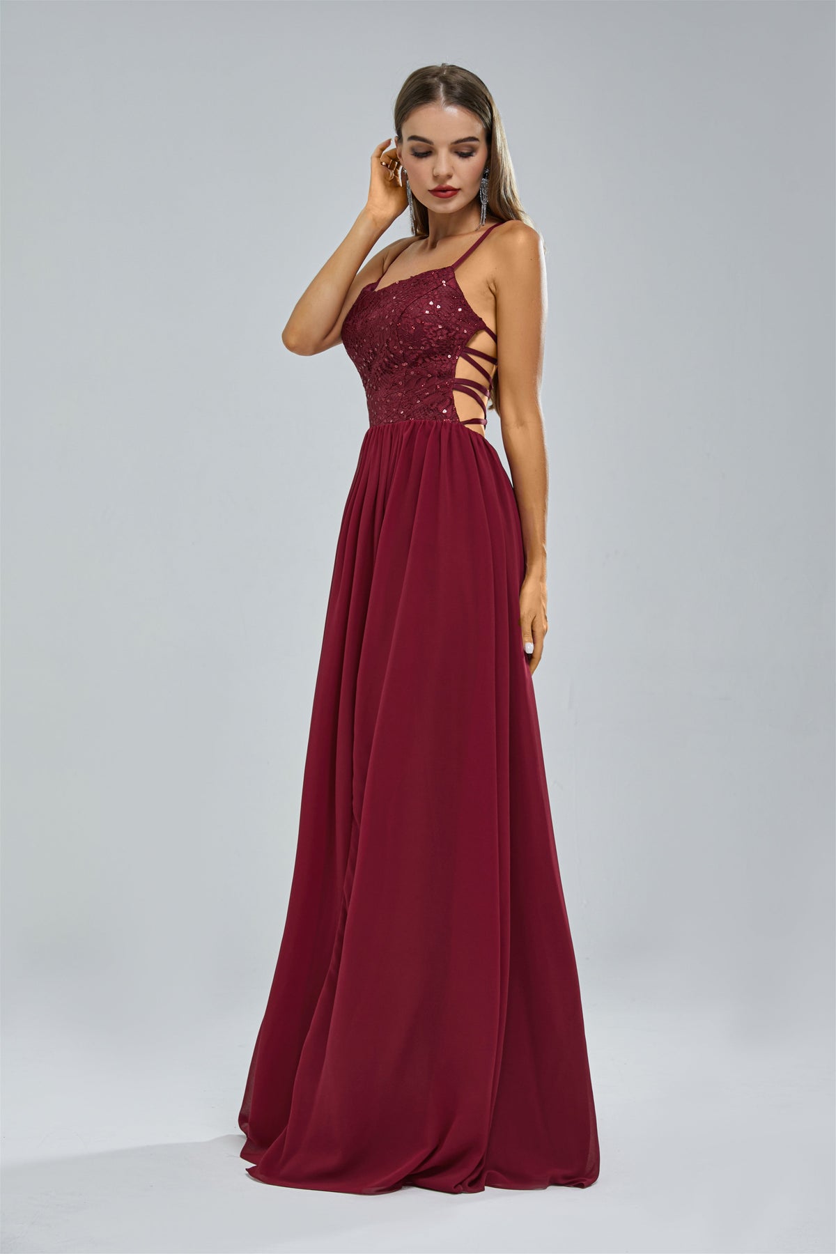 A-Line Spaghetti strap Lace Sequined Floor-Length Sleeveless Backless High Split Elegant Prom Dress
