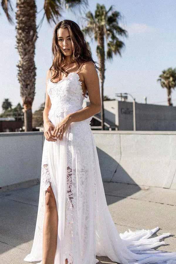A-line Spaghetti Strap White Lace Chiffon Beach Wedding Bridal Dresses (ZD15402)