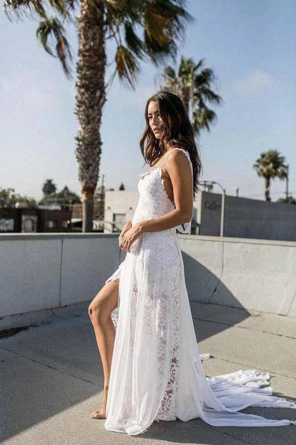 A-line Spaghetti Strap White Lace Chiffon Beach Wedding Bridal Dresses (ZD15402)