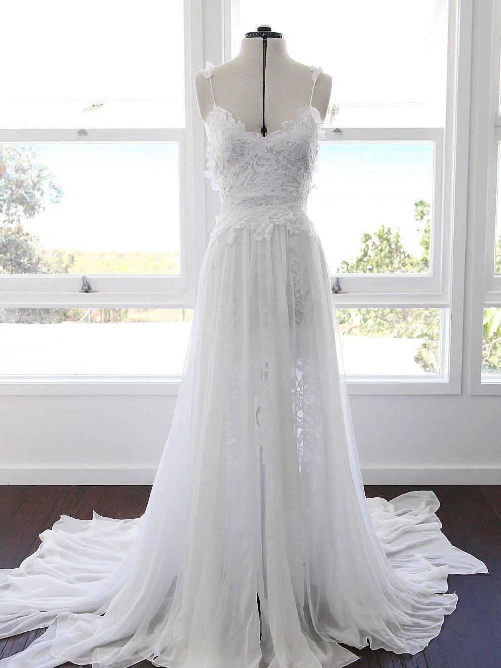 A-line Spaghetti Strap White Lace Chiffon Beach Wedding Bridal Dresses (ZD15402)