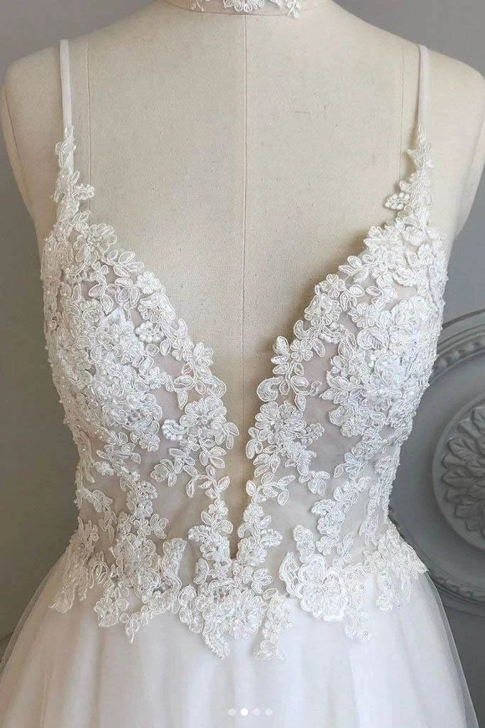 A Line Spaghetti Straps Beach Wedding Dresses Lace Wedding Gowns (ZD15311)