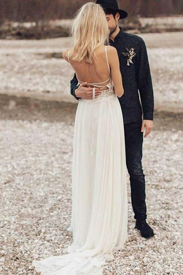 A-Line Spaghetti Straps Long Chiffon Wedding Dress with Lace (ZD16064)