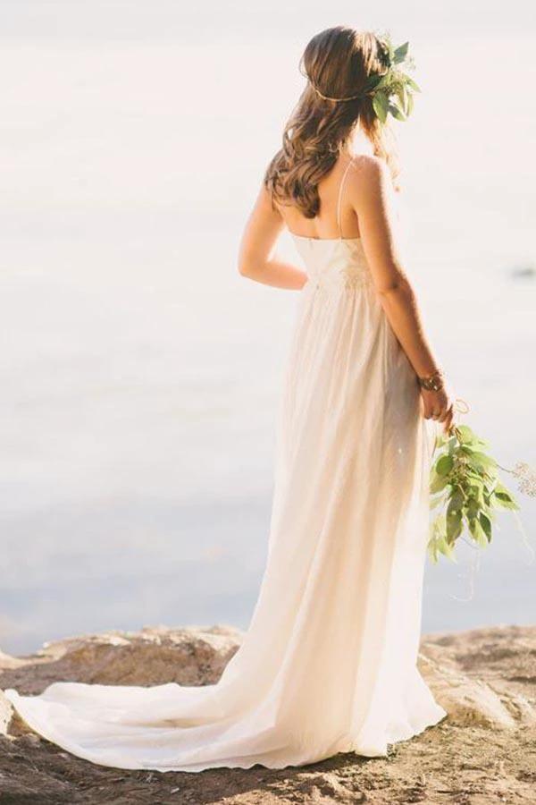 A-Line Spaghetti Straps Sweep Train Chiffon Wedding Dress (ZD15491)