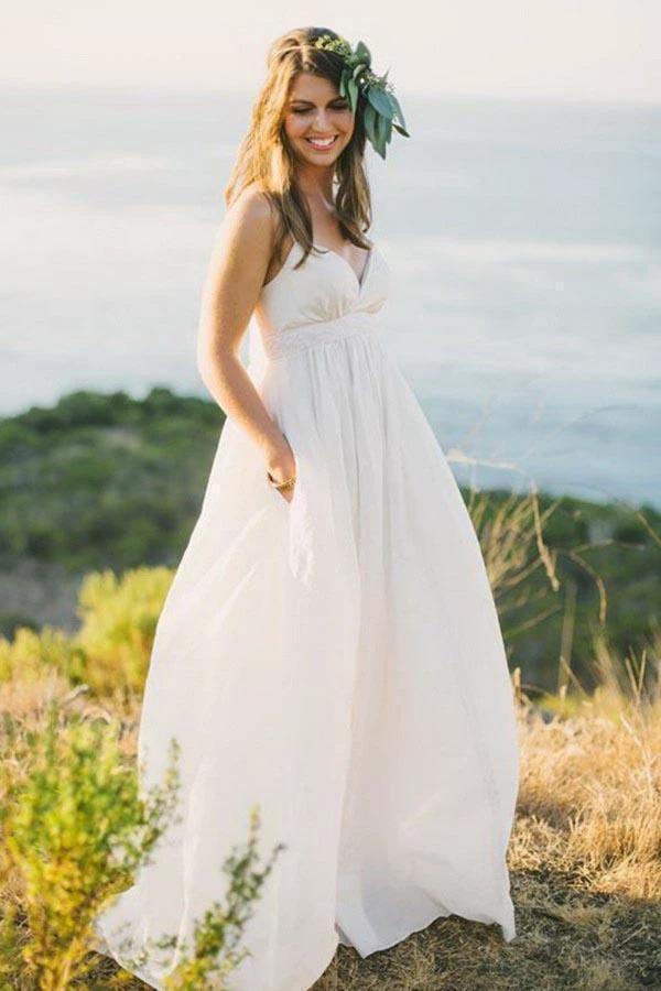 A-Line Spaghetti Straps Sweep Train Chiffon Wedding Dress (ZD15491)